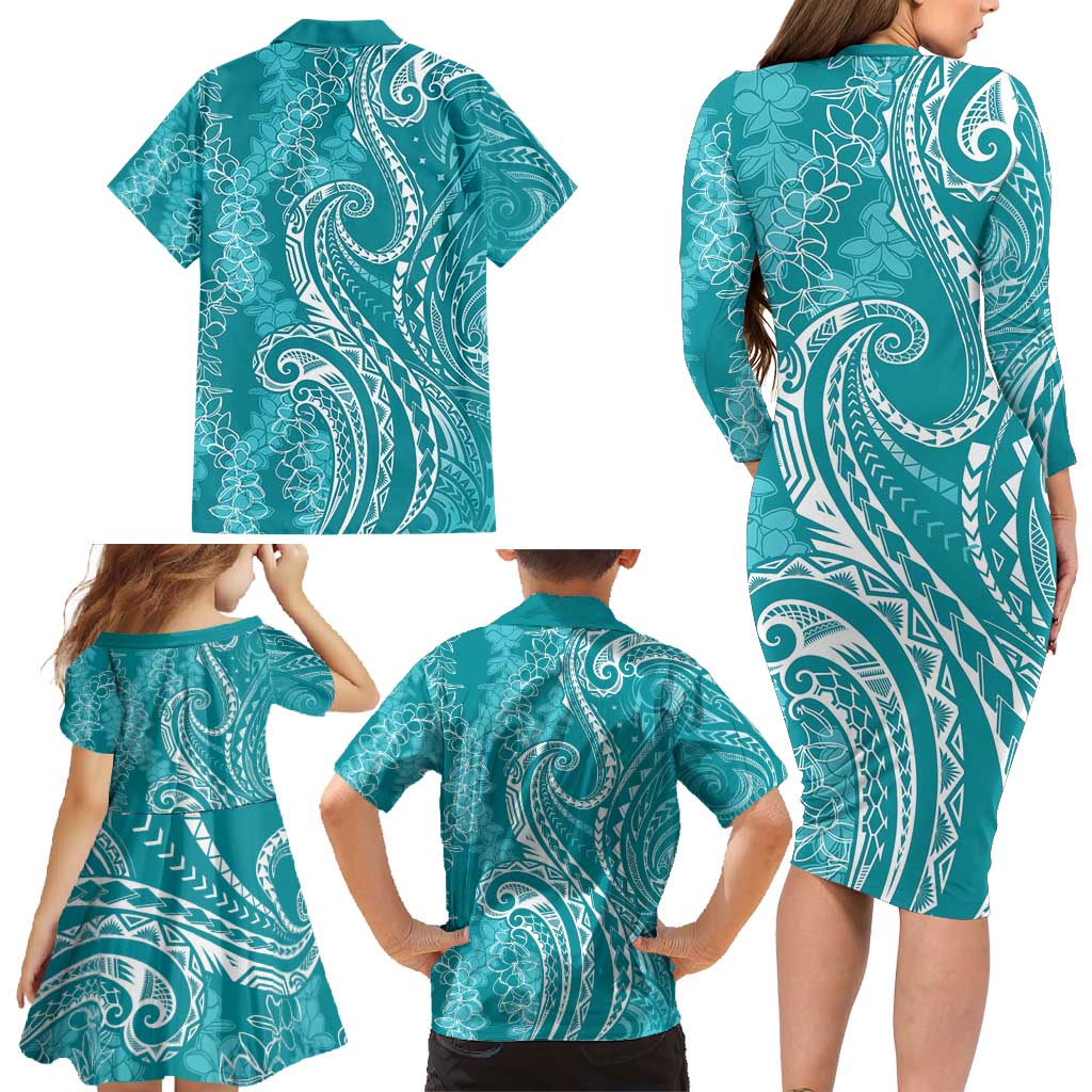 Polynesia Plumeria Lei Family Matching Long Sleeve Bodycon Dress and Hawaiian Shirt Teal Curves Motif