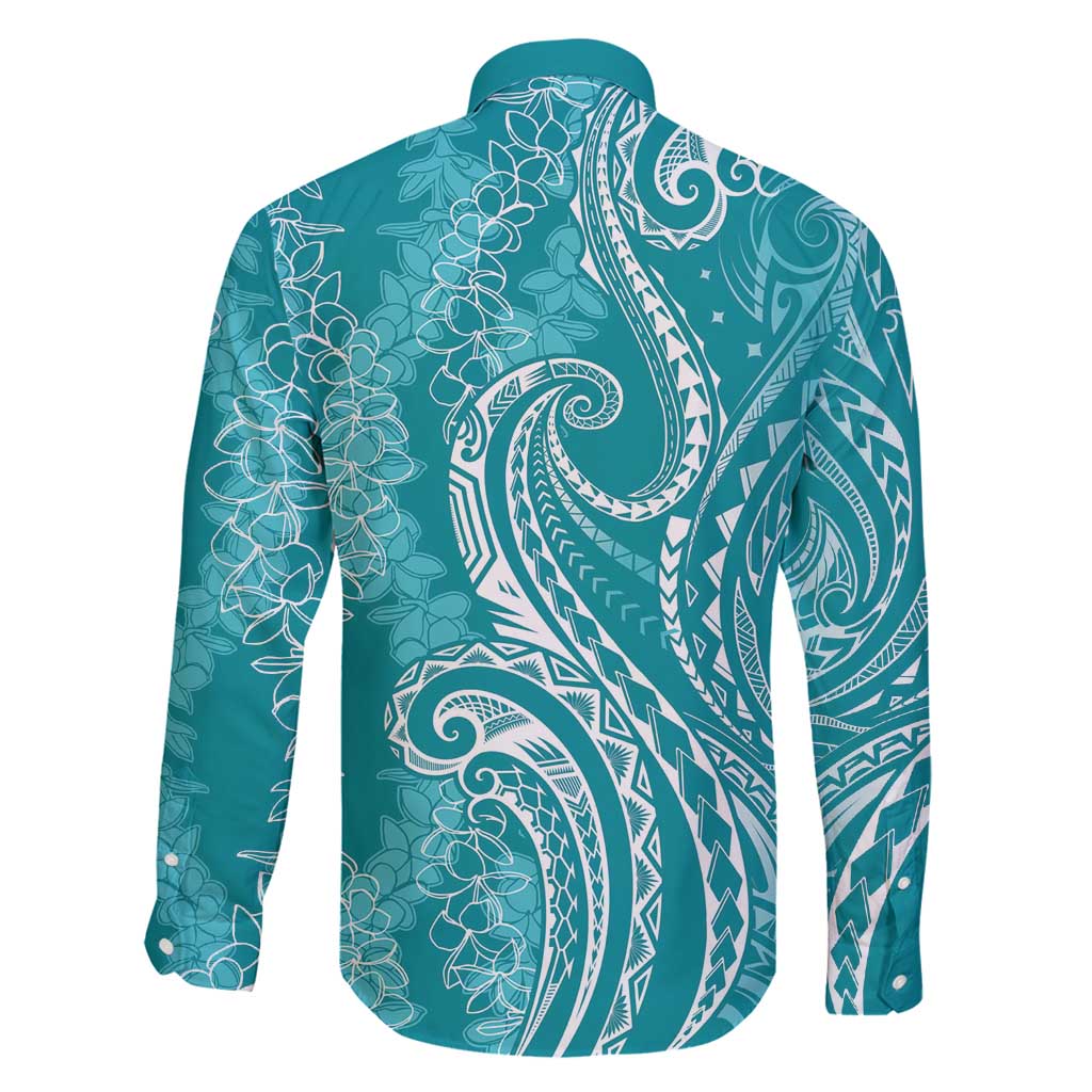 Polynesia Plumeria Lei Family Matching Long Sleeve Bodycon Dress and Hawaiian Shirt Teal Curves Motif