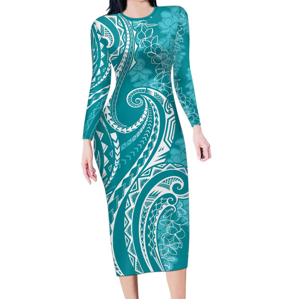 Polynesia Plumeria Lei Family Matching Long Sleeve Bodycon Dress and Hawaiian Shirt Teal Curves Motif