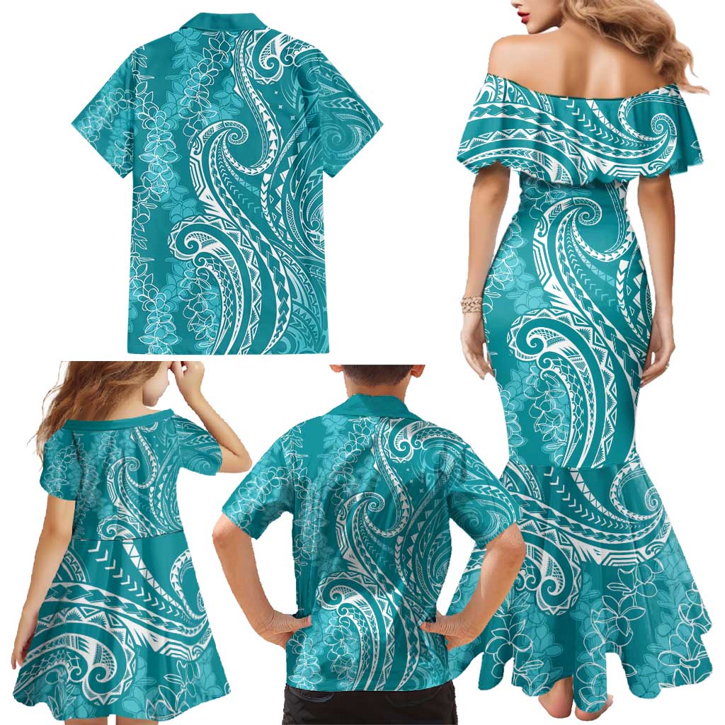 Polynesia Plumeria Lei Family Matching Mermaid Dress and Hawaiian Shirt Teal Curves Motif