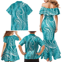 Polynesia Plumeria Lei Family Matching Mermaid Dress and Hawaiian Shirt Teal Curves Motif