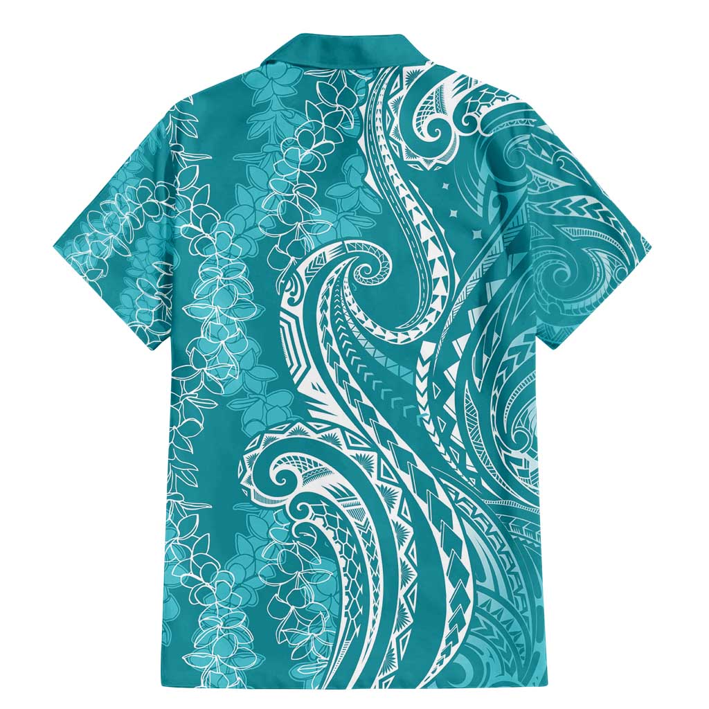 Polynesia Plumeria Lei Family Matching Mermaid Dress and Hawaiian Shirt Teal Curves Motif