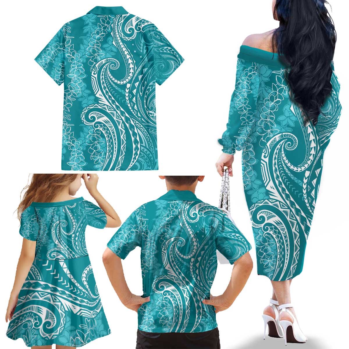 Polynesia Plumeria Lei Family Matching Off The Shoulder Long Sleeve Dress and Hawaiian Shirt Teal Curves Motif