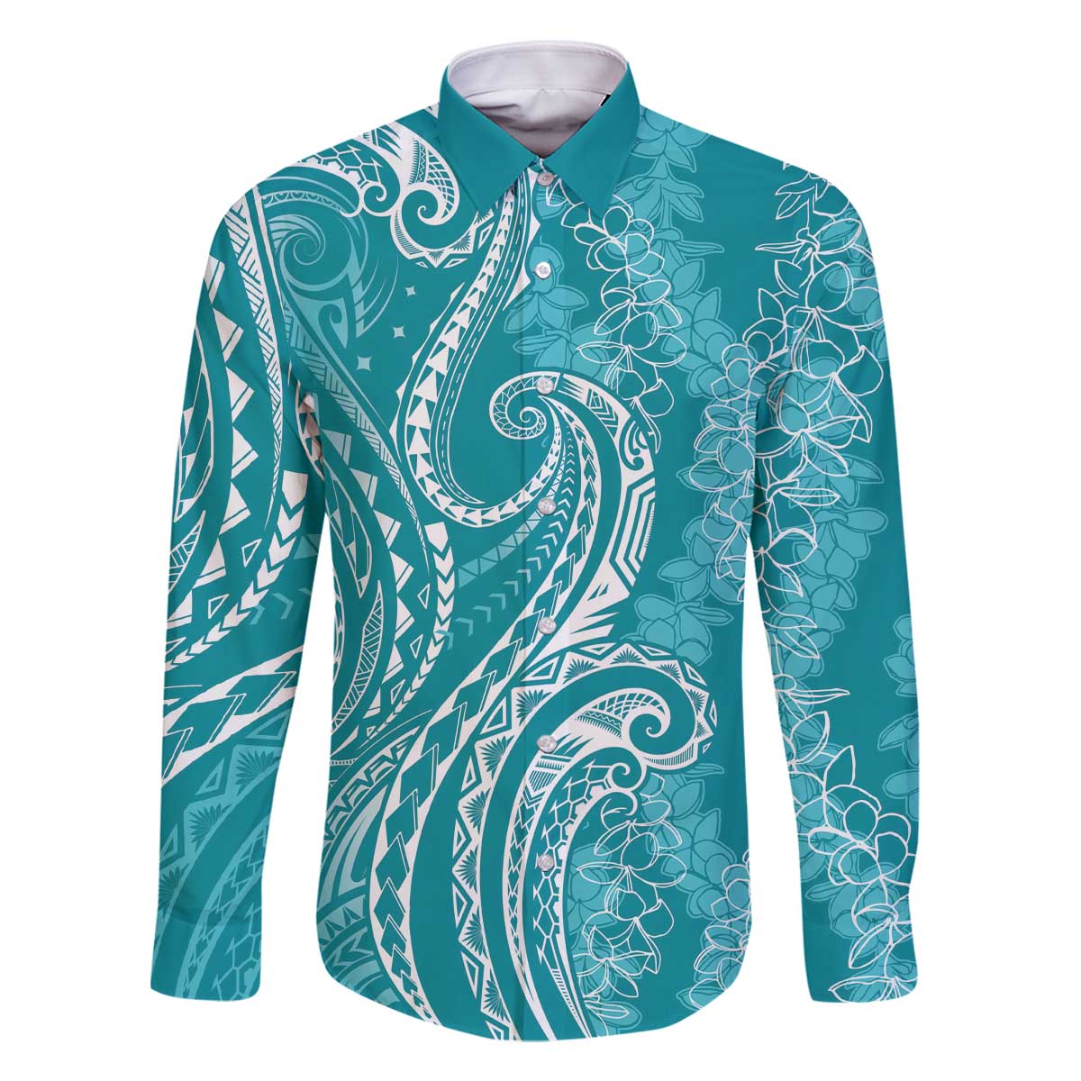 Polynesia Plumeria Lei Family Matching Off The Shoulder Long Sleeve Dress and Hawaiian Shirt Teal Curves Motif
