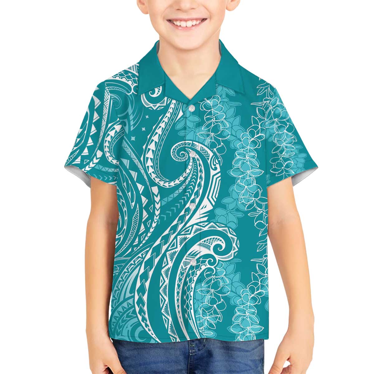 Polynesia Plumeria Lei Family Matching Off The Shoulder Long Sleeve Dress and Hawaiian Shirt Teal Curves Motif