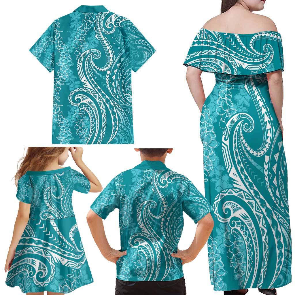 Polynesia Plumeria Lei Family Matching Off Shoulder Maxi Dress and Hawaiian Shirt Teal Curves Motif