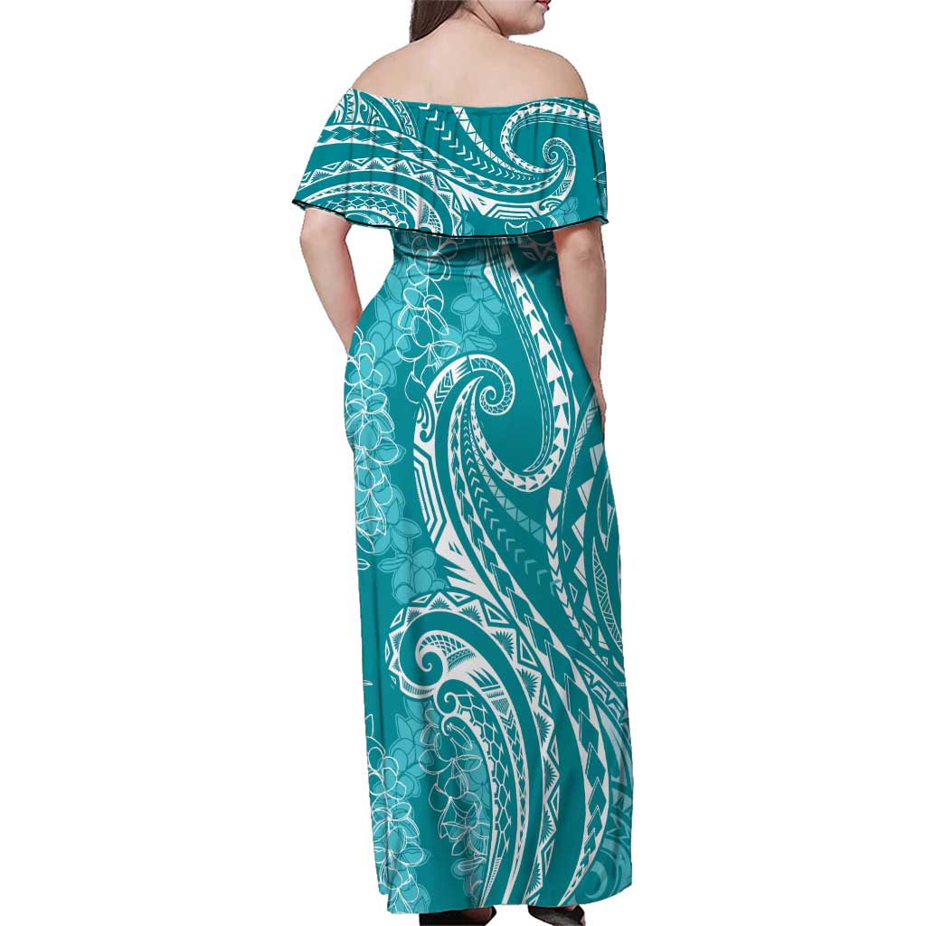 Polynesia Plumeria Lei Family Matching Off Shoulder Maxi Dress and Hawaiian Shirt Teal Curves Motif