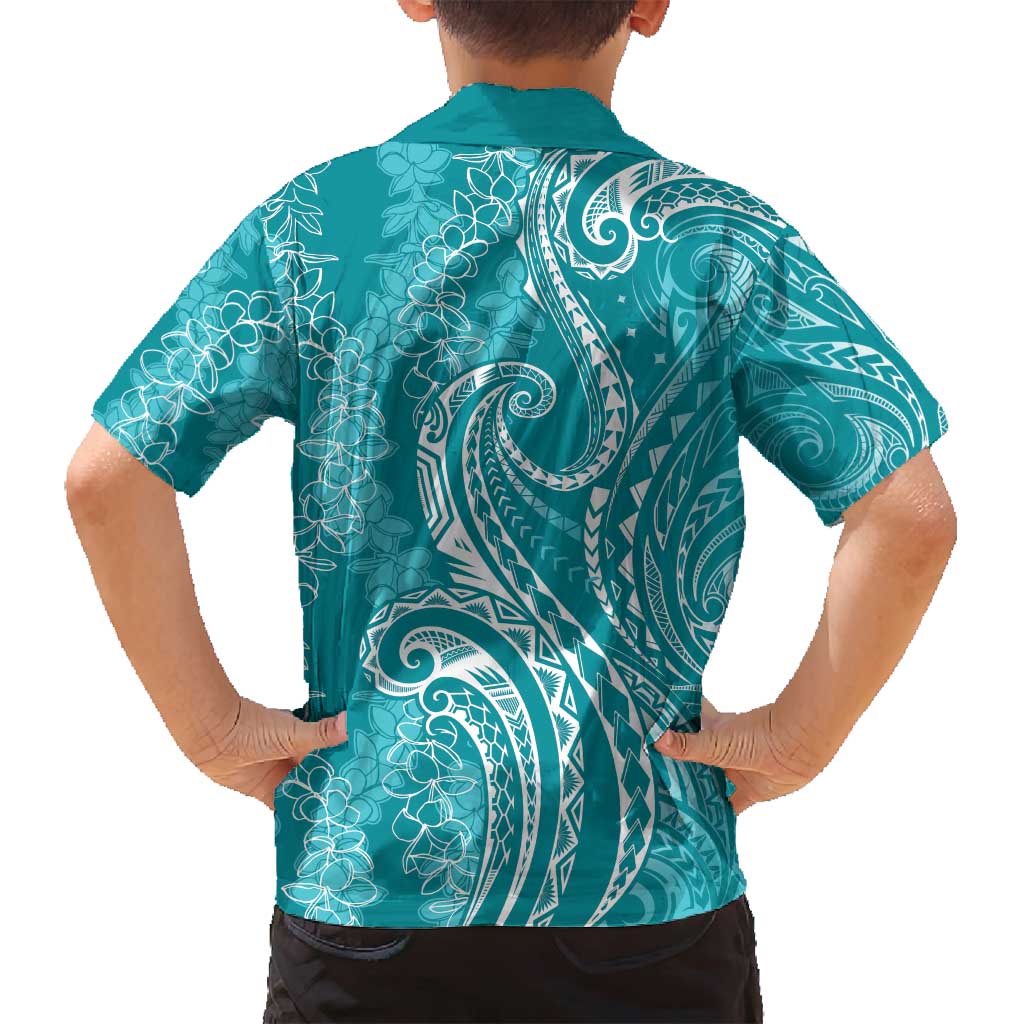 Polynesia Plumeria Lei Family Matching Off Shoulder Short Dress and Hawaiian Shirt Teal Curves Motif