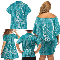 Polynesia Plumeria Lei Family Matching Off Shoulder Short Dress and Hawaiian Shirt Teal Curves Motif