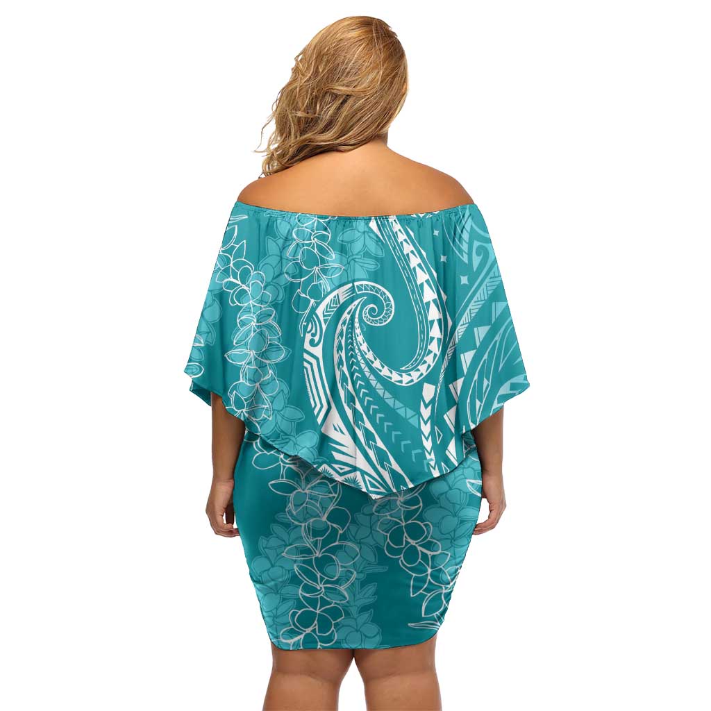 Polynesia Plumeria Lei Family Matching Off Shoulder Short Dress and Hawaiian Shirt Teal Curves Motif