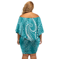 Polynesia Plumeria Lei Family Matching Off Shoulder Short Dress and Hawaiian Shirt Teal Curves Motif