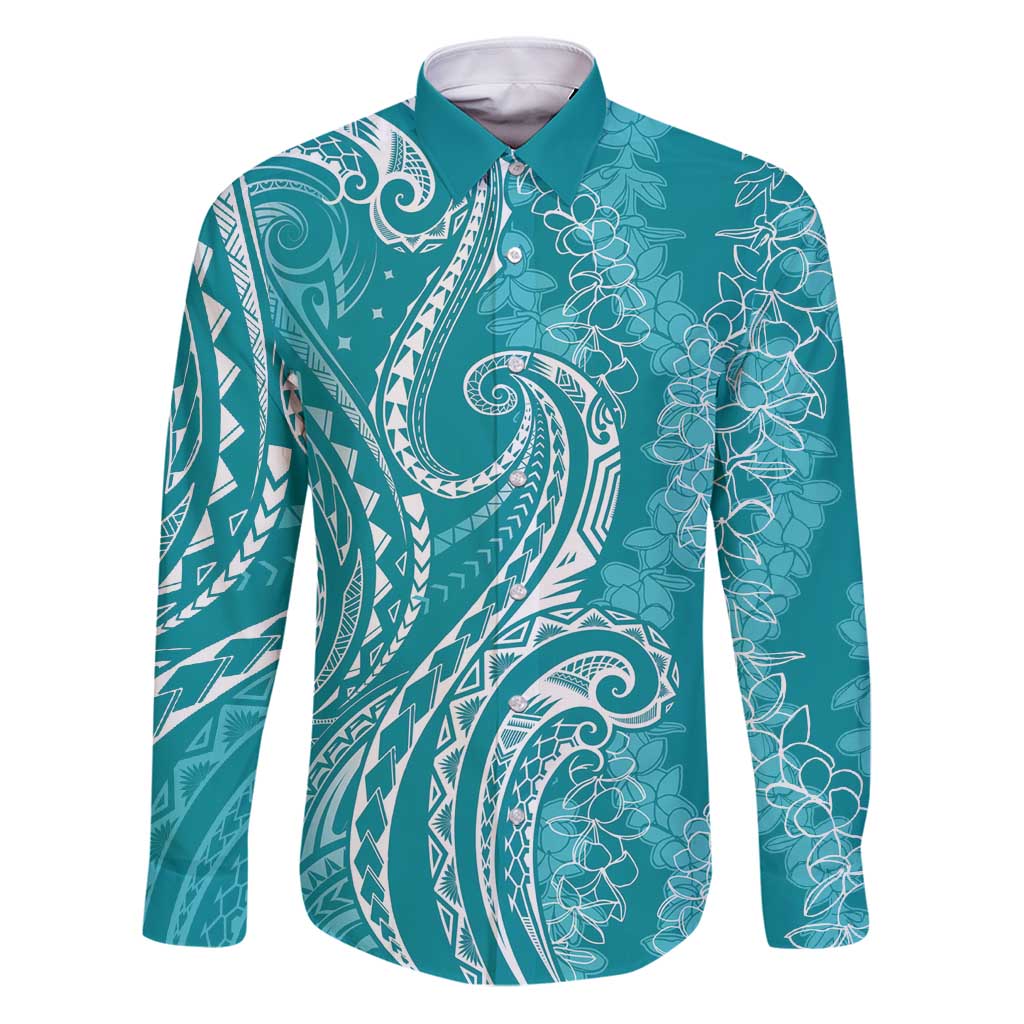 Polynesia Plumeria Lei Family Matching Puletasi and Hawaiian Shirt Teal Curves Motif