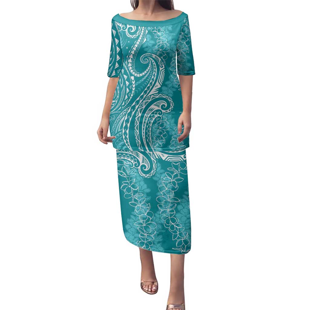 Polynesia Plumeria Lei Family Matching Puletasi and Hawaiian Shirt Teal Curves Motif