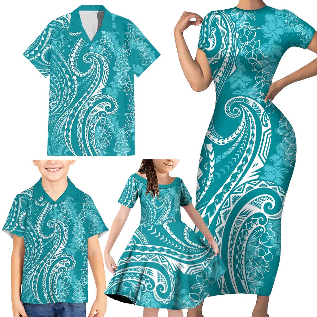 Polynesia Plumeria Lei Family Matching Short Sleeve Bodycon Dress and Hawaiian Shirt Teal Curves Motif