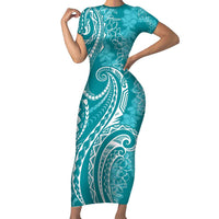 Polynesia Plumeria Lei Family Matching Short Sleeve Bodycon Dress and Hawaiian Shirt Teal Curves Motif