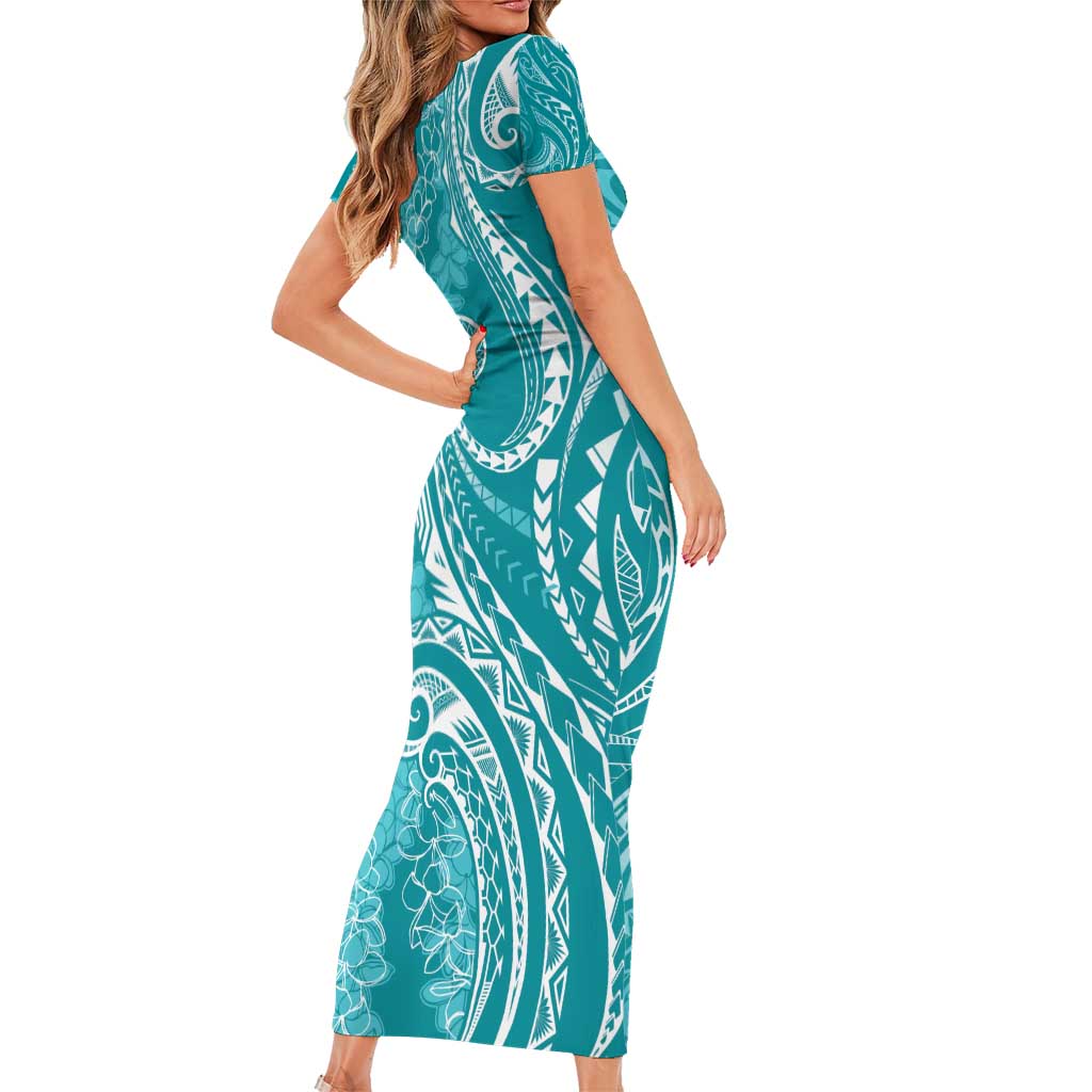 Polynesia Plumeria Lei Family Matching Short Sleeve Bodycon Dress and Hawaiian Shirt Teal Curves Motif