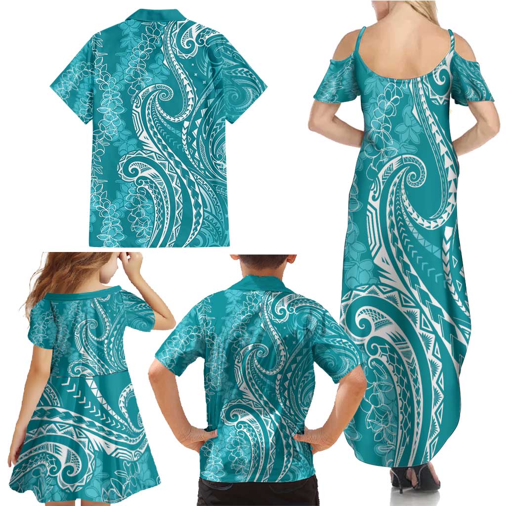 Polynesia Plumeria Lei Family Matching Summer Maxi Dress and Hawaiian Shirt Teal Curves Motif