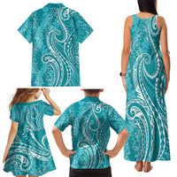 Polynesia Plumeria Lei Family Matching Tank Maxi Dress and Hawaiian Shirt Teal Curves Motif