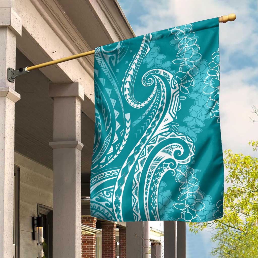 Polynesia Plumeria Lei Garden Flag Teal Curves Motif