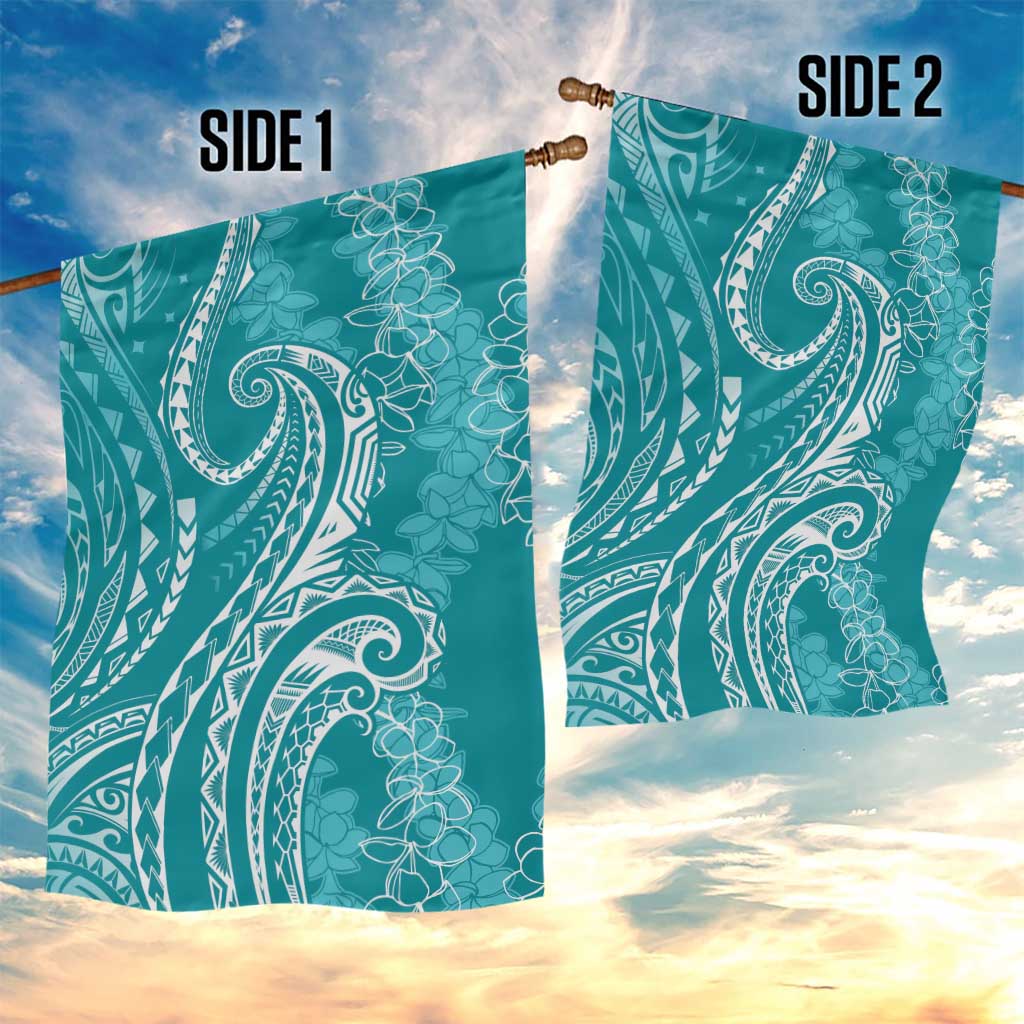 Polynesia Plumeria Lei Garden Flag Teal Curves Motif