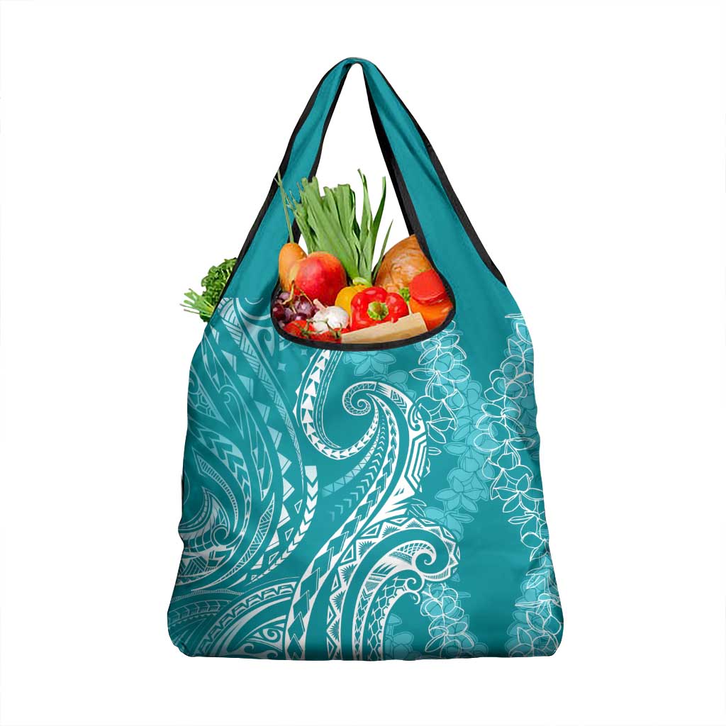 Polynesia Plumeria Lei Grocery Bag Teal Curves Motif