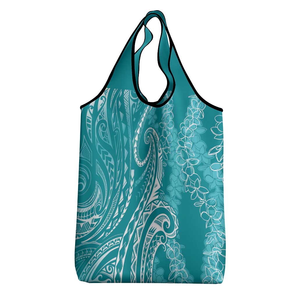 Polynesia Plumeria Lei Grocery Bag Teal Curves Motif