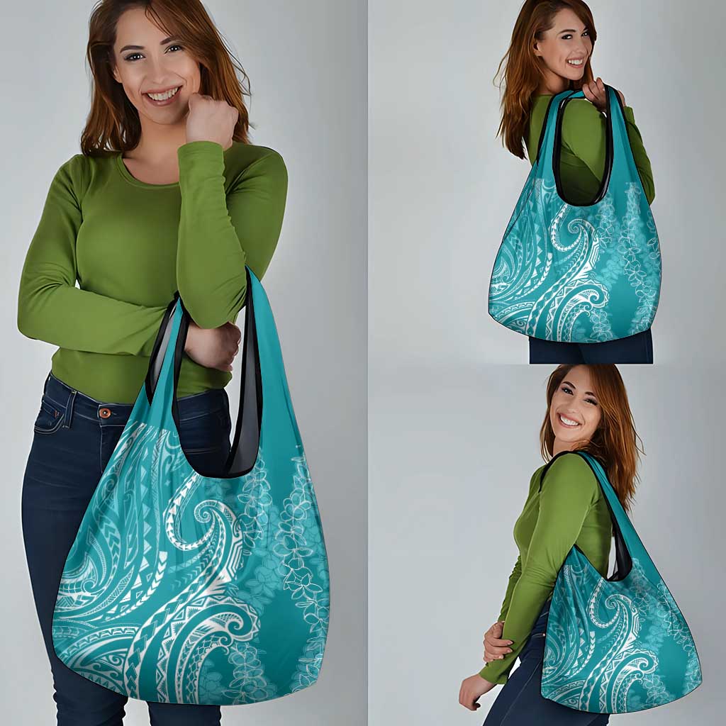 Polynesia Plumeria Lei Grocery Bag Teal Curves Motif