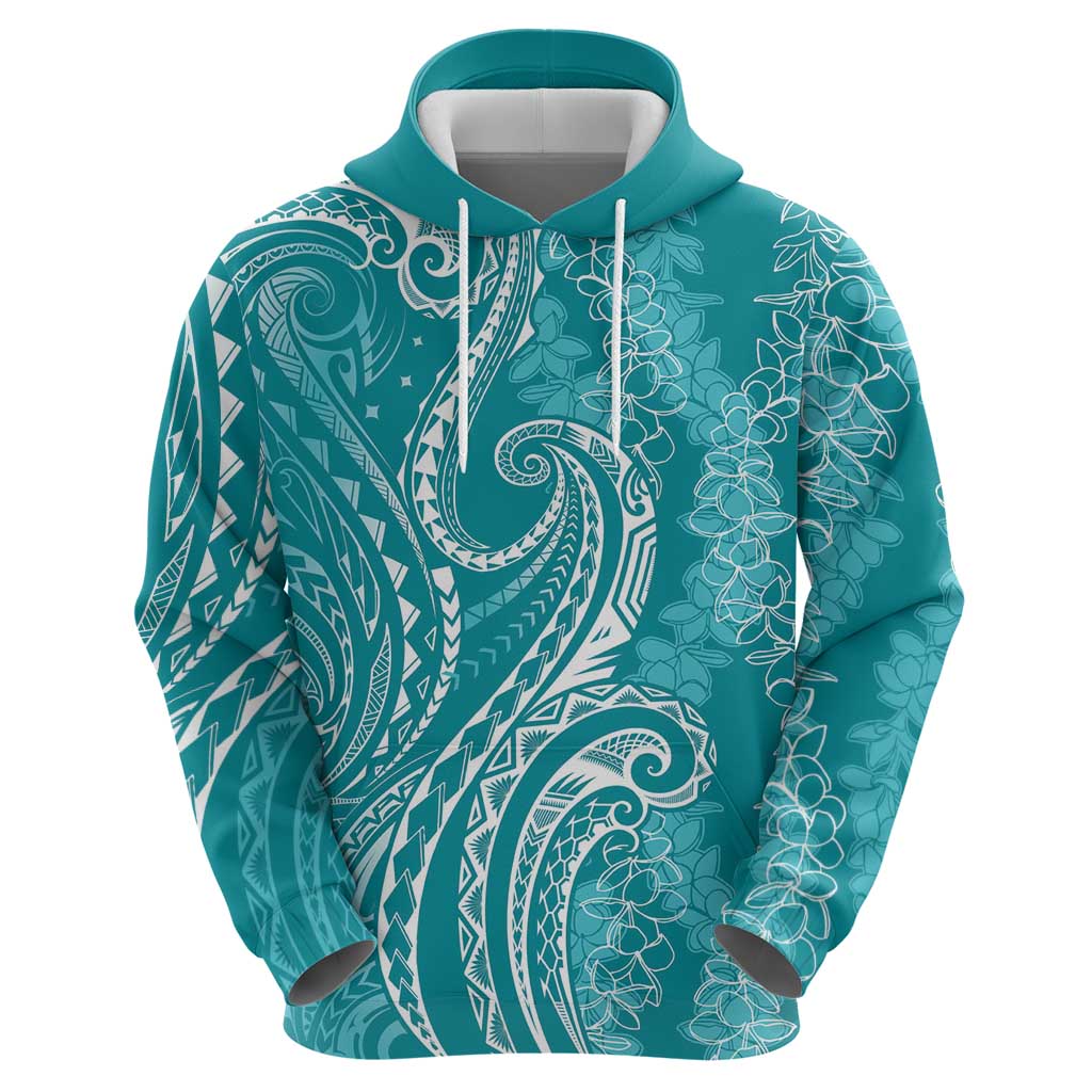Polynesia Plumeria Lei Hoodie Teal Curves Motif