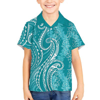 Polynesia Plumeria Lei Kid Hawaiian Shirt Teal Curves Motif