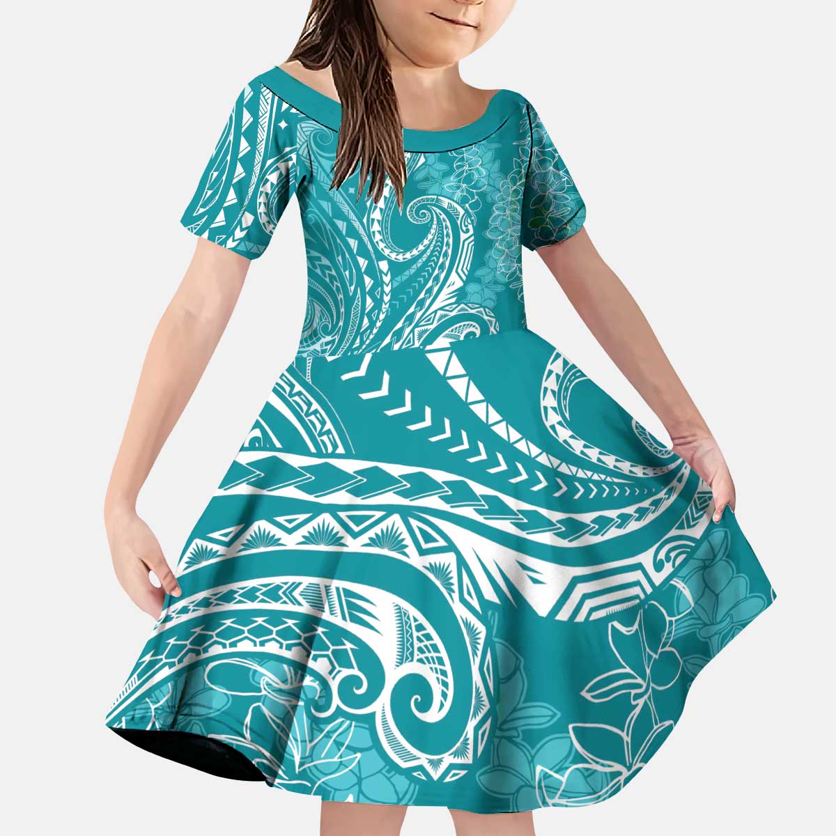 Polynesia Plumeria Lei Kid Short Sleeve Dress Teal Curves Motif LT7 KID Teal - Polynesian Pride