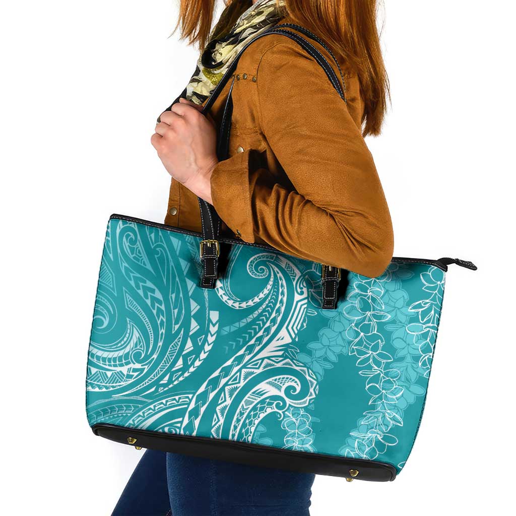 Polynesia Plumeria Lei Leather Tote Bag Teal Curves Motif