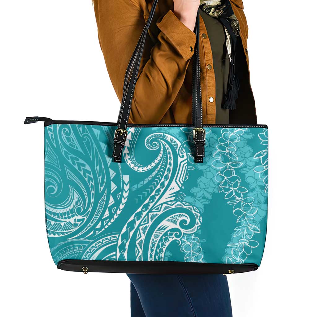 Polynesia Plumeria Lei Leather Tote Bag Teal Curves Motif