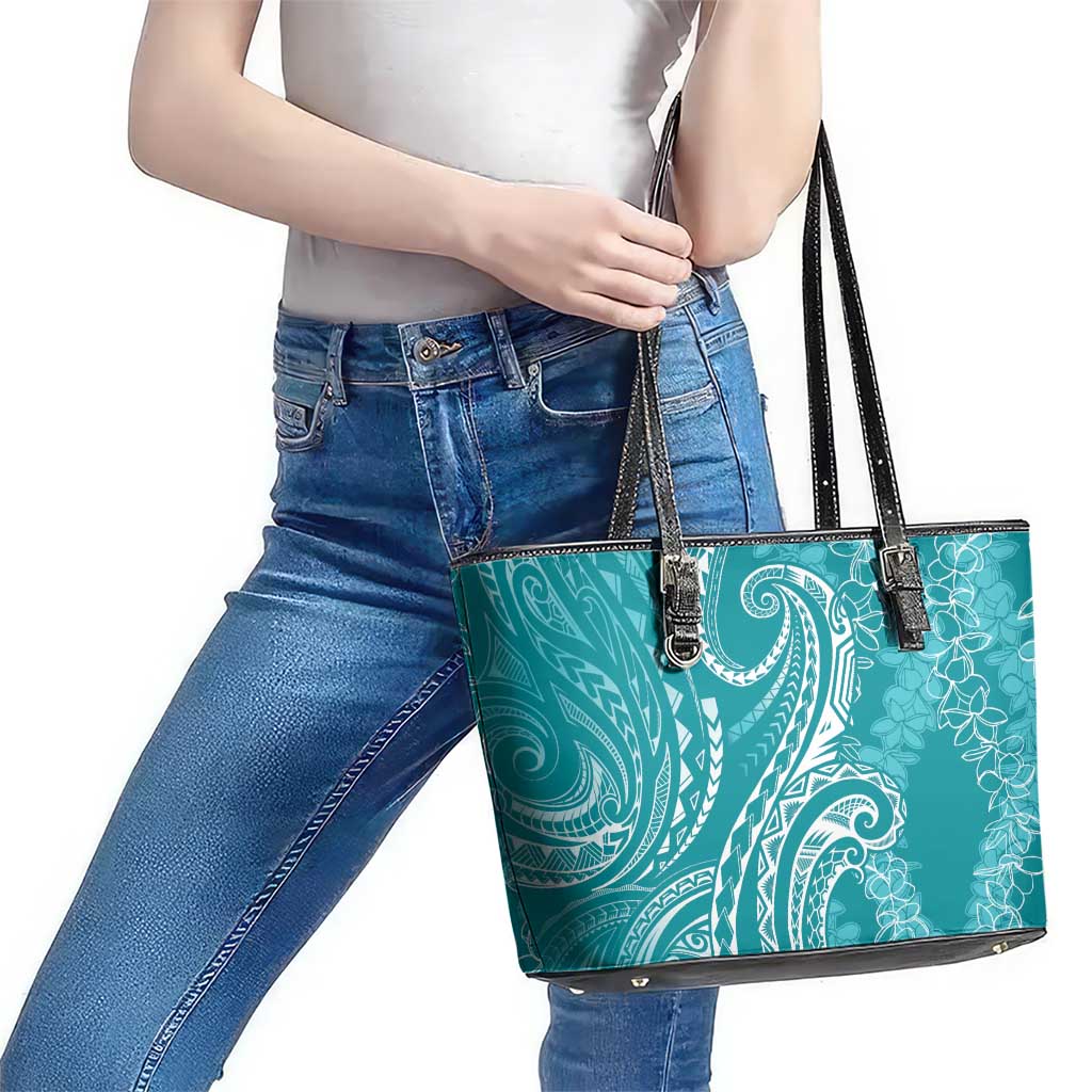 Polynesia Plumeria Lei Leather Tote Bag Teal Curves Motif