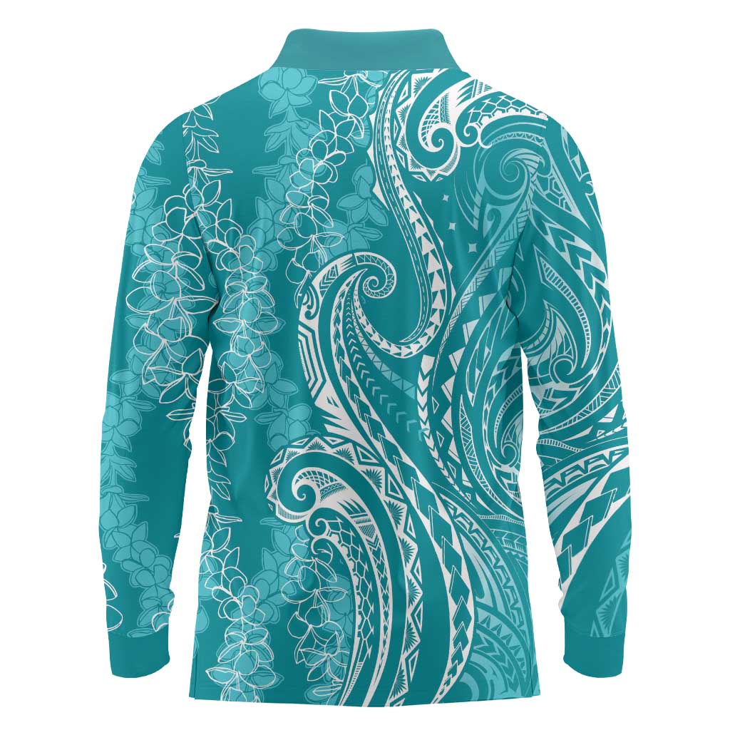 Polynesia Plumeria Lei Long Sleeve Polo Shirt Teal Curves Motif LT7 - Polynesian Pride