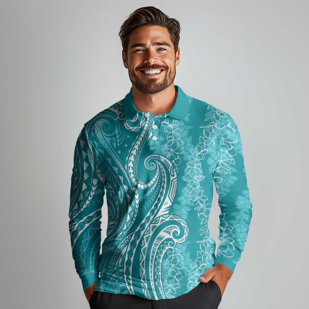 Polynesia Plumeria Lei Long Sleeve Polo Shirt Teal Curves Motif LT7 - Polynesian Pride