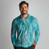 Polynesia Plumeria Lei Long Sleeve Polo Shirt Teal Curves Motif LT7 - Polynesian Pride