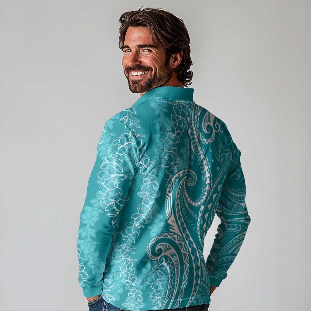 Polynesia Plumeria Lei Long Sleeve Polo Shirt Teal Curves Motif LT7 - Polynesian Pride