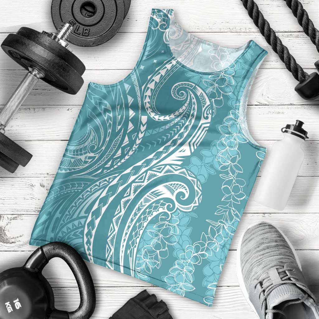 Polynesia Plumeria Lei Men Tank Top Teal Curves Motif