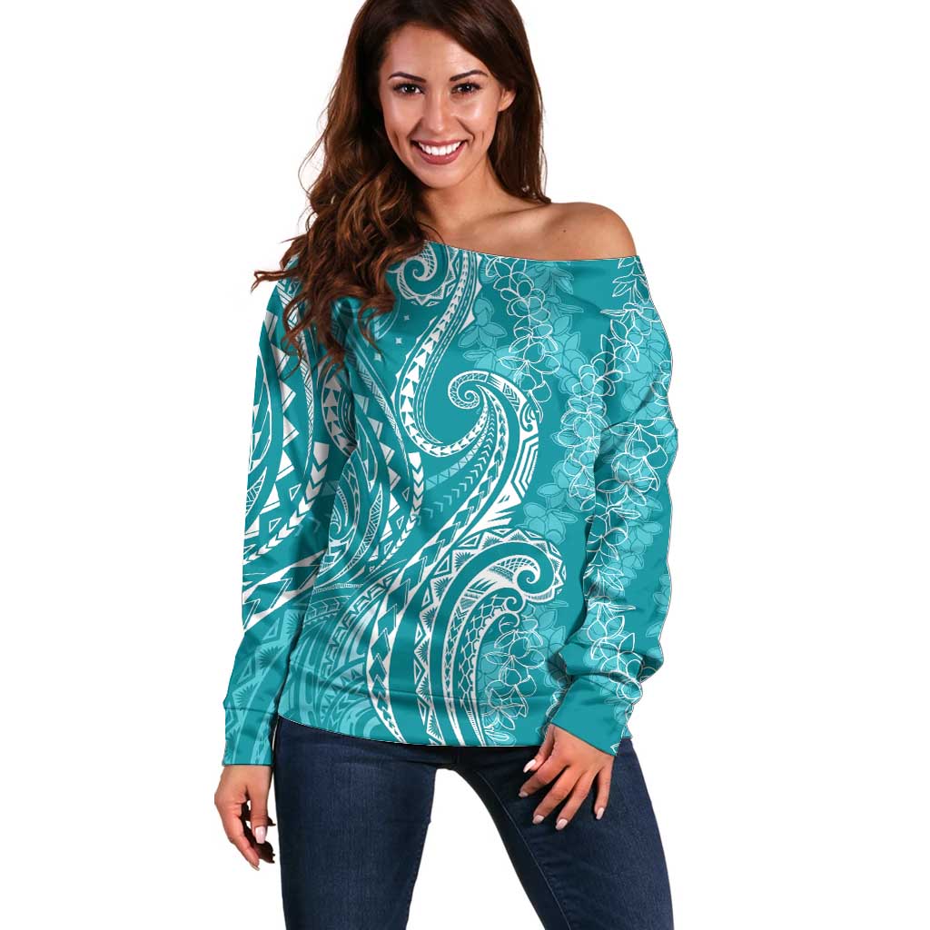Polynesia Plumeria Lei Off Shoulder Sweater Teal Curves Motif