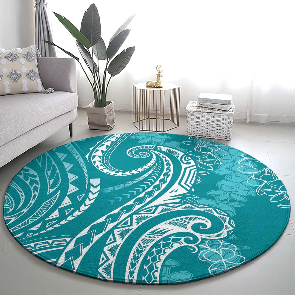 Polynesia Plumeria Lei Round Carpet Teal Curves Motif