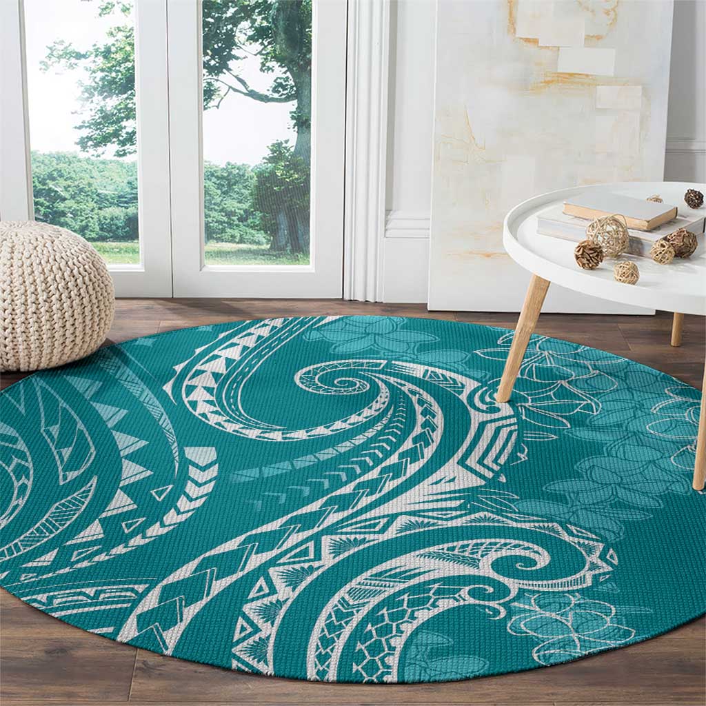 Polynesia Plumeria Lei Round Carpet Teal Curves Motif