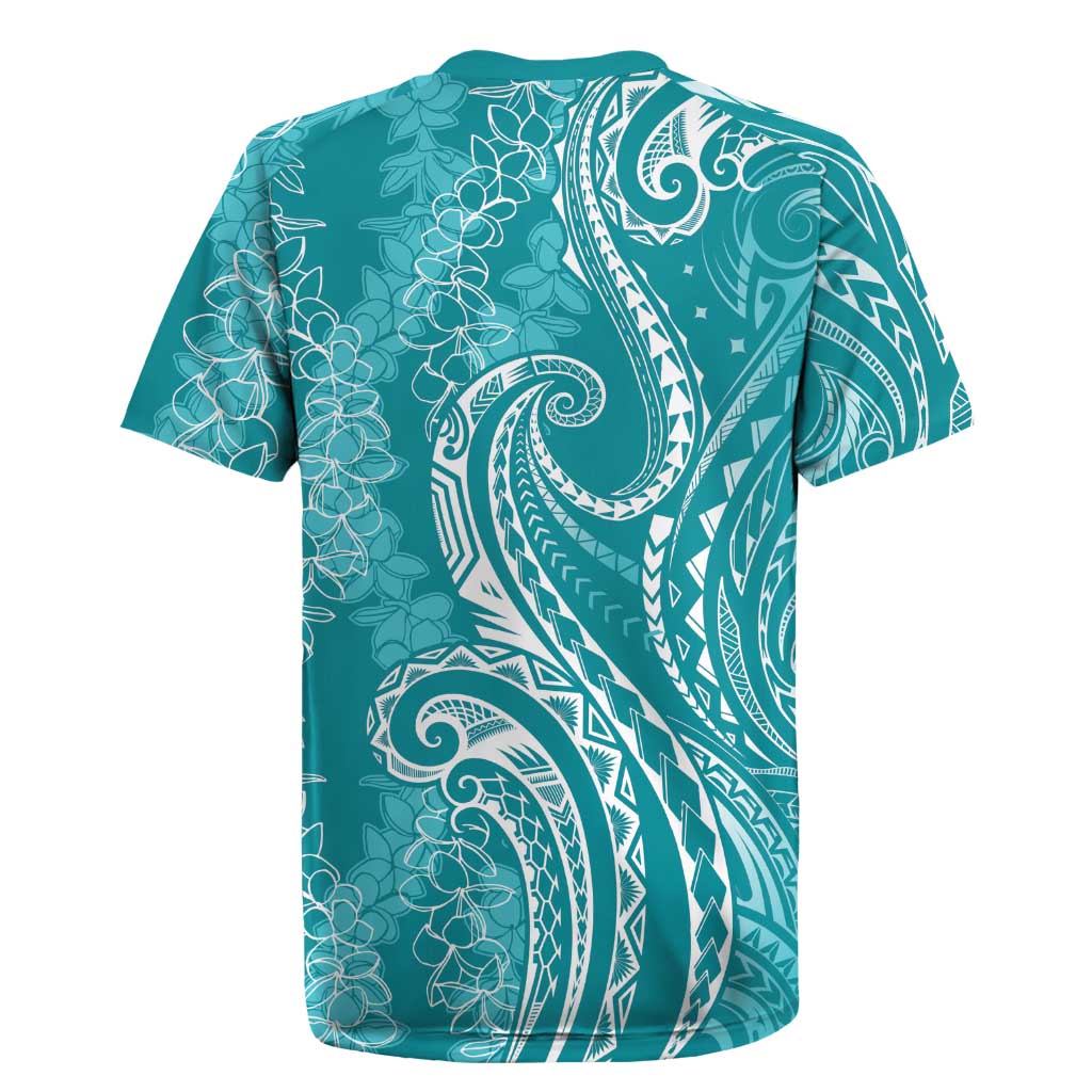 Polynesia Plumeria Lei Rugby Jersey Teal Curves Motif