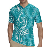 Polynesia Plumeria Lei Rugby Jersey Teal Curves Motif