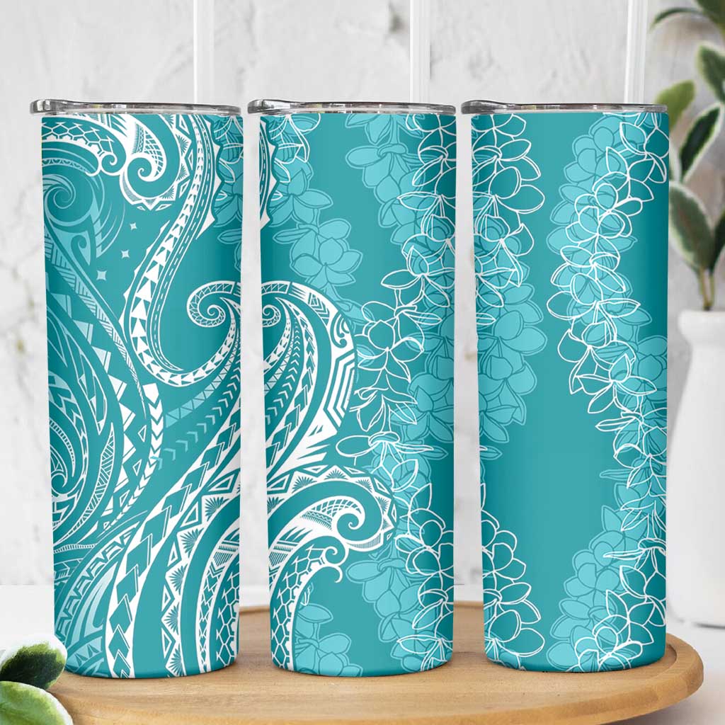 Polynesia Plumeria Lei Skinny Tumbler Teal Curves Motif