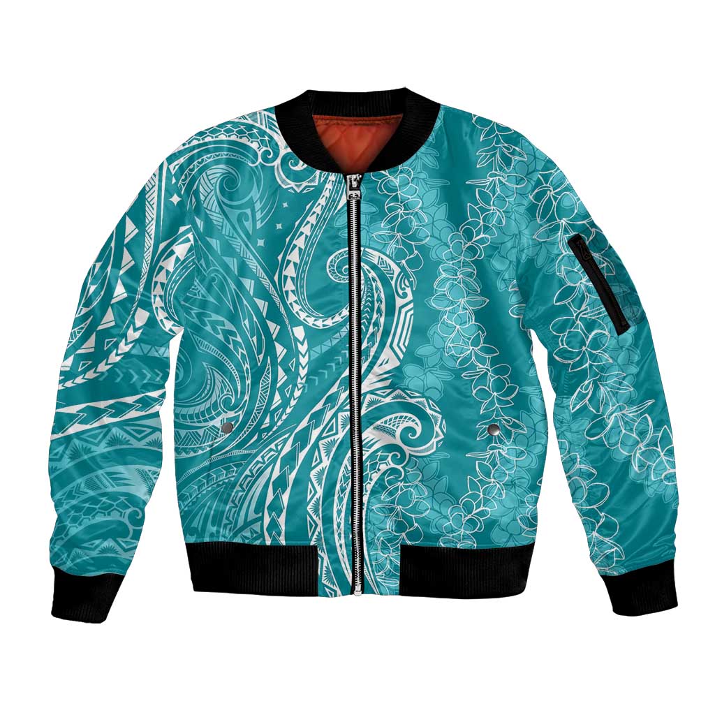 Polynesia Plumeria Lei Sleeve Zip Bomber Jacket Teal Curves Motif