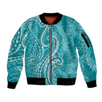 Polynesia Plumeria Lei Sleeve Zip Bomber Jacket Teal Curves Motif