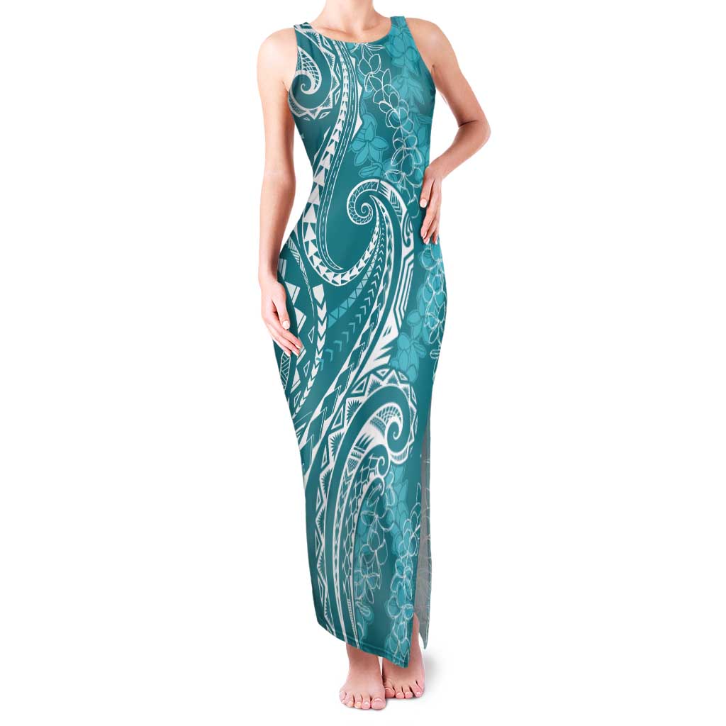 Polynesia Plumeria Lei Tank Maxi Dress Teal Curves Motif