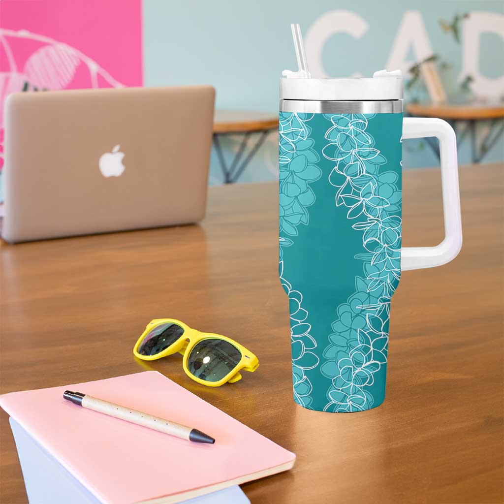 Polynesia Plumeria Lei Tumbler With Handle Teal Curves Motif