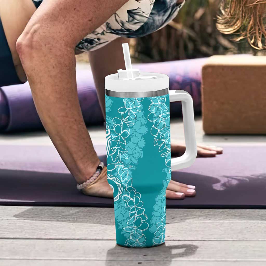 Polynesia Plumeria Lei Tumbler With Handle Teal Curves Motif