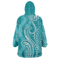 Polynesia Plumeria Lei Wearable Blanket Hoodie Teal Curves Motif